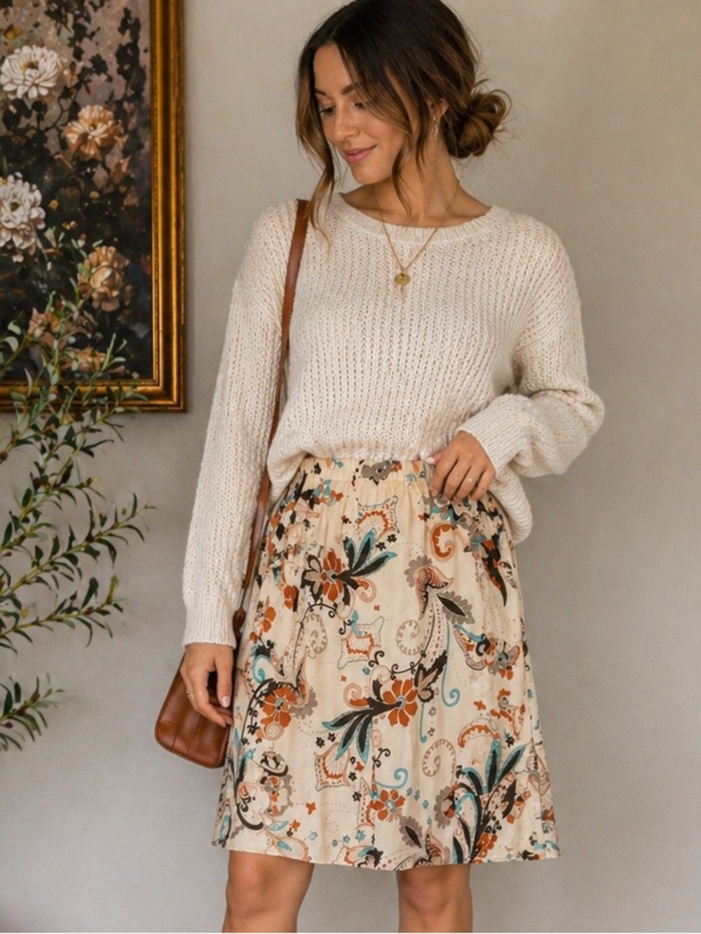 Boho Paisley Midi Skirt Cream Teal Rust Flowy Lined Elastic Waist Anthro Style M